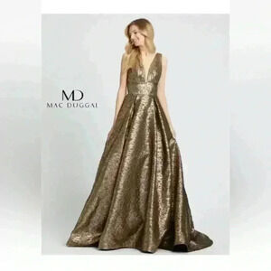NEW MAC DUGGAL METALLIC JACQUARD ANTIQUE GOLD BALLGOWN sz 0